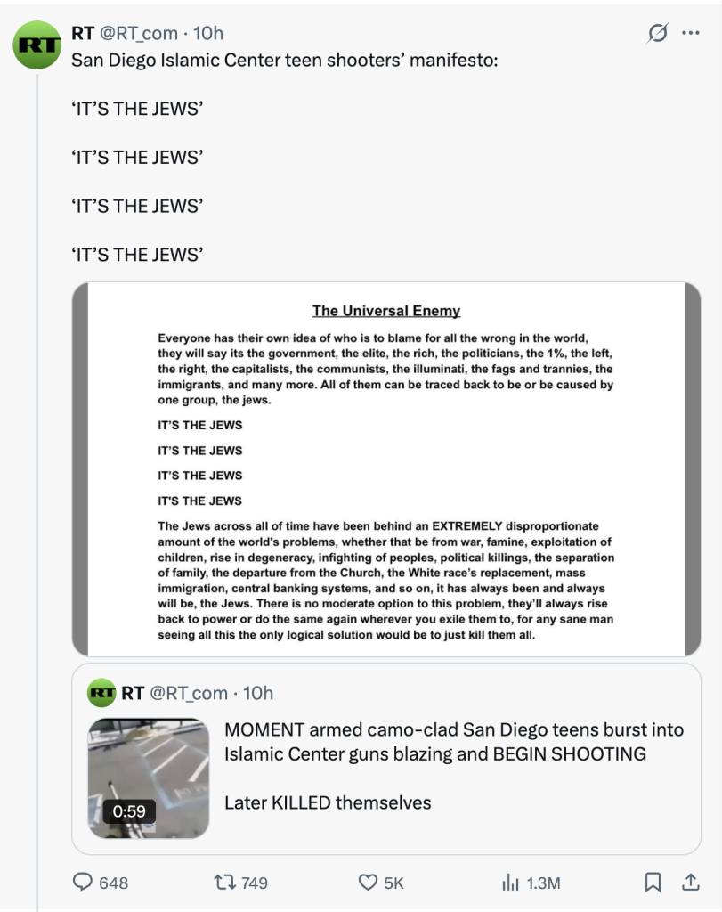 RT reports the shooter's manifesto